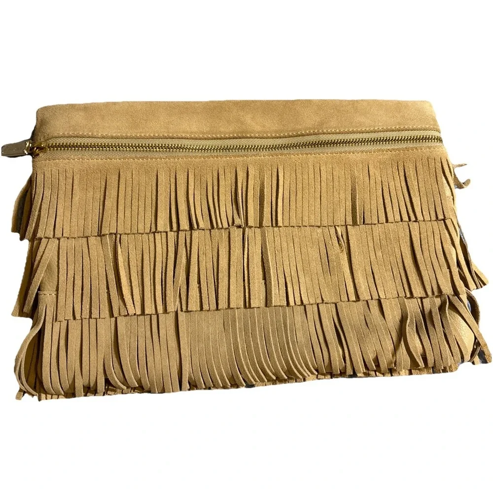 BCBGMAXAZRIA LAYERED TAN SUEDE FABRIC TYPE CLUTCH
